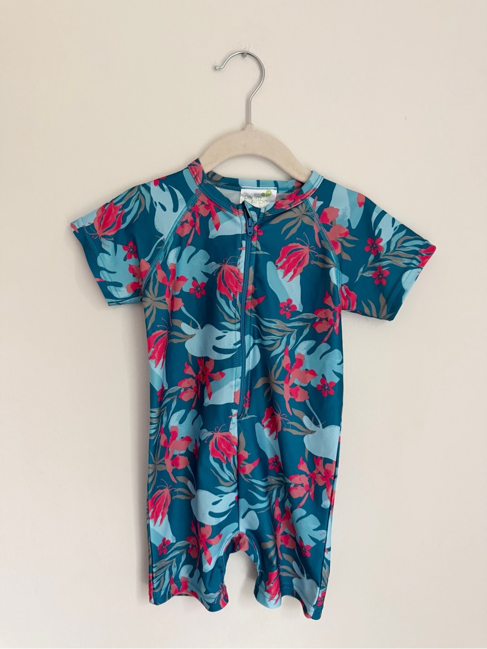 Perlimpinin Teal Floral Short-Sleeve Rash Guard One-Piece Swimsuit (Size 18-24m)
